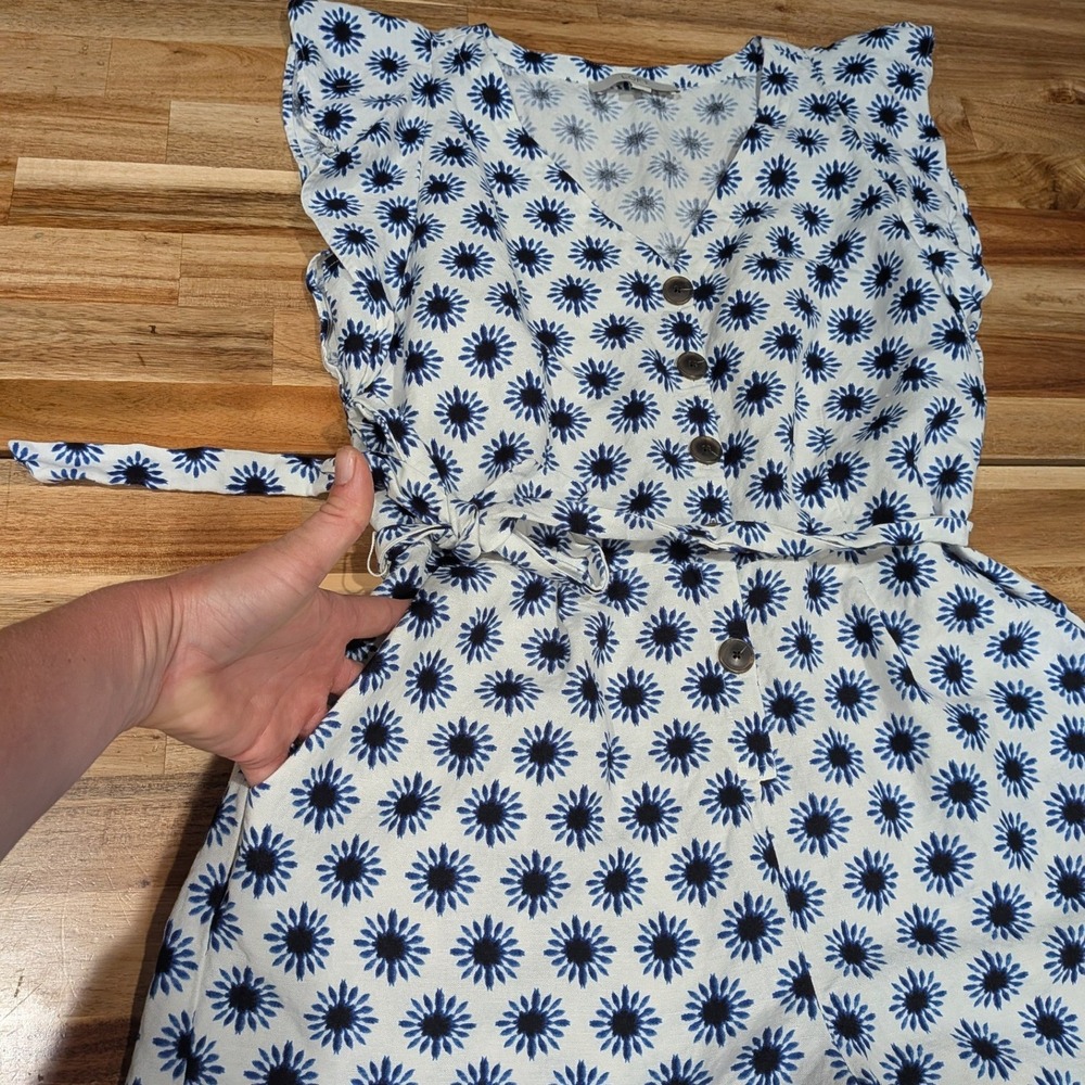 LOFT Womens Romper 10 Linen Blue White Floral Ruffle Sleeve Coastal Cottage - Picture 7 of 10